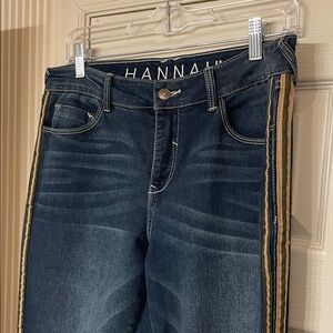 Hannah Dark Blue Straight-Leg Jeans with Tan & Black Side Stripes